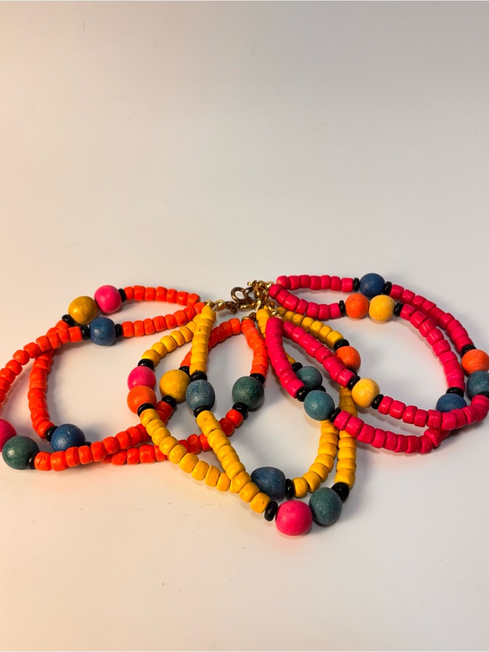 Colorful Beaded Bracelet Set Pink Orange Yellow‎ Blue Wooden Vintage